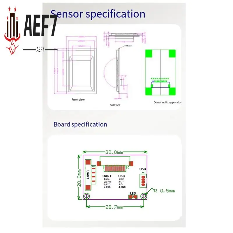 O módulo de coleta e identificação de impressão digital de chip grande AEF7-R311 é compatível com sensor de impressão digital R105