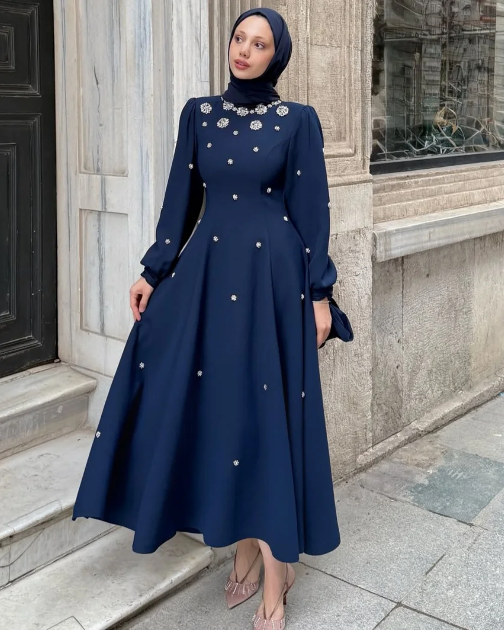 Customized High Quality Classic Jersey Rhinestone Pleat A-line Scoop Neck Midi Dresses Bespoke Occasion Dresses Matching Elegant