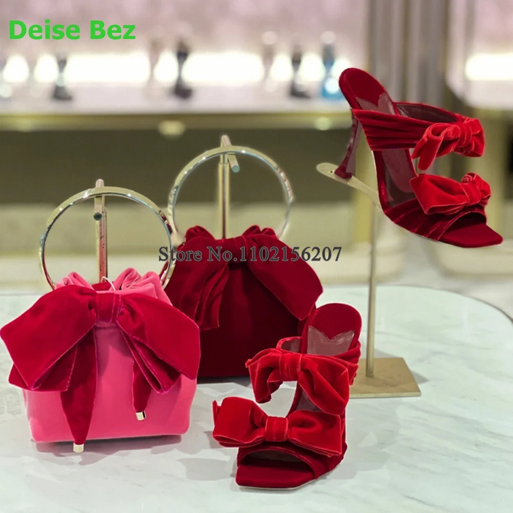 Satin Fabric Butterfly-knot Square Toe Slippers For Female Women 2024 New Thin High Heel Party Elegant Sexy Fashion Dress Shoes