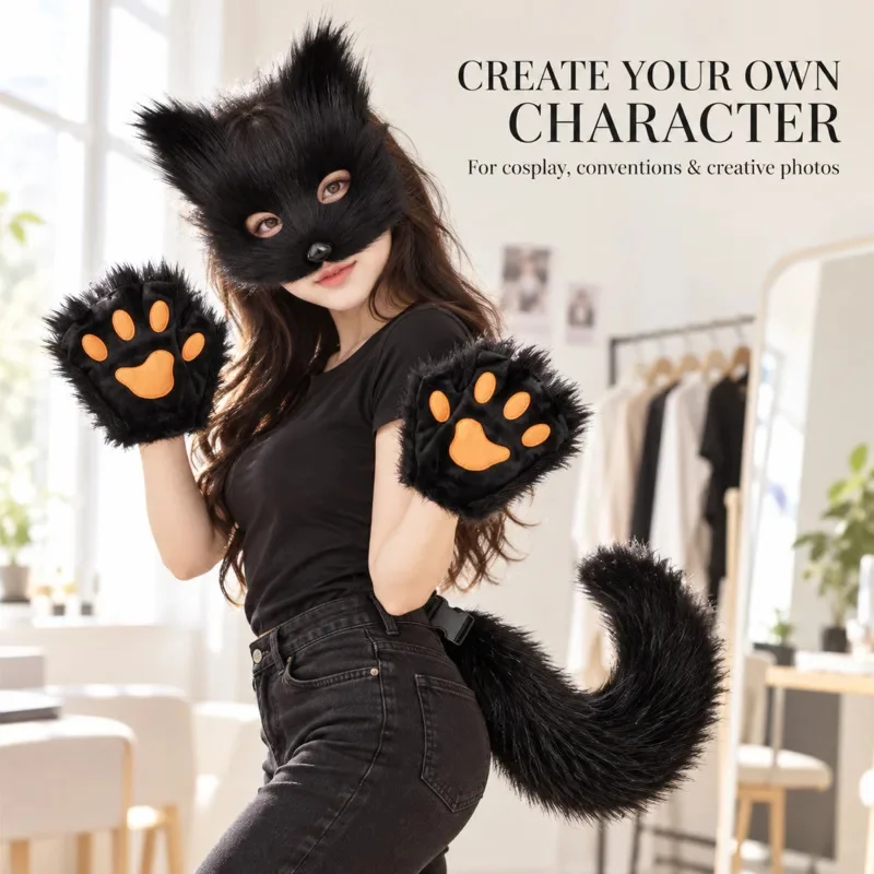 4Pcs Furry Fox Costume Set Animal Mask Ears Headband Long Tail Paw Gloves Cosplay Accessories For Adults Party Dress Up Gift