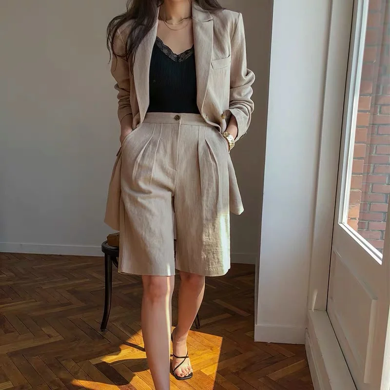 

Flax Suit Women's Spring Summer 2023 New Casual Thin Cotton Linen Small Blazers+shorts Two-piece Sets Comfortable Khaki Suits