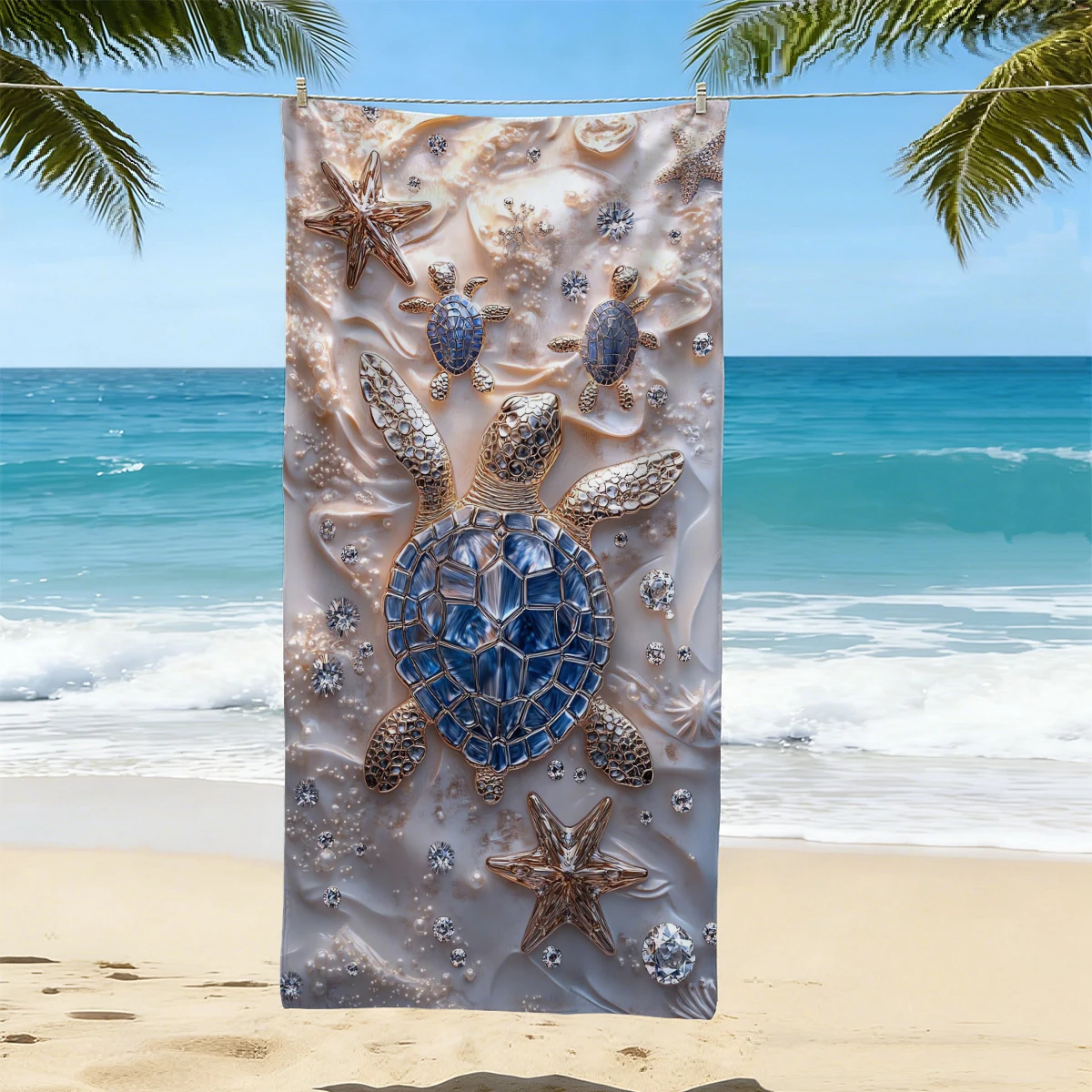 

1pc exquisite jewelry turtle print beach towel, absorbent, fast drying ultra-fine fiber beach towel, oversized swimming towel,