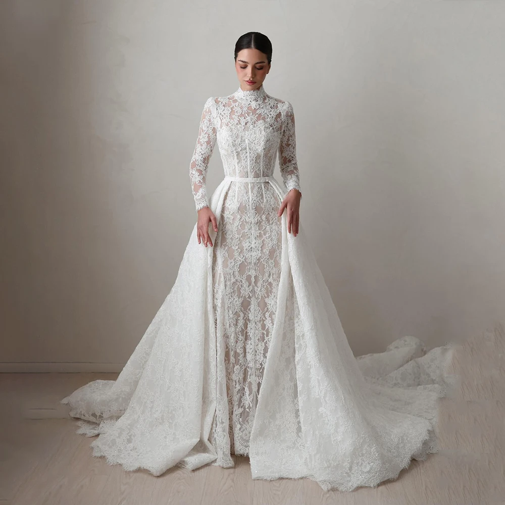 

Exquisite Wedding Dress High Neck Long Sleeve Lace Bride Dress Mermaid Detachable Train Bridal Gown Customized vestidos de novia