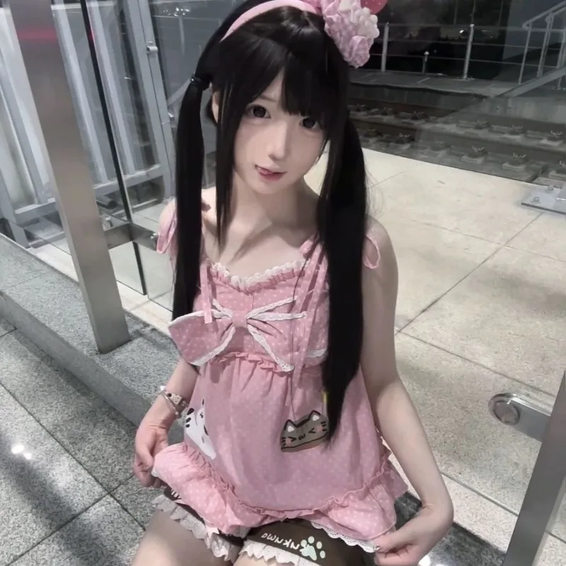 Kimotimo لطيف القط طباعة البولكا نقطة بروتيل سترة المرأة اليابانية Y2k القوس كشكش أكمام تانك القمم الصيف Kawaii Ropa De Mujer