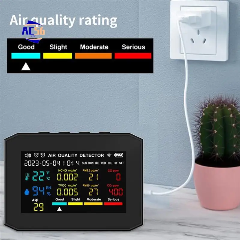 

AC56-Монитор качества воздуха в помещении, качество воздуха с дисплеем времени, даты и будильником, монитор CO2, черный