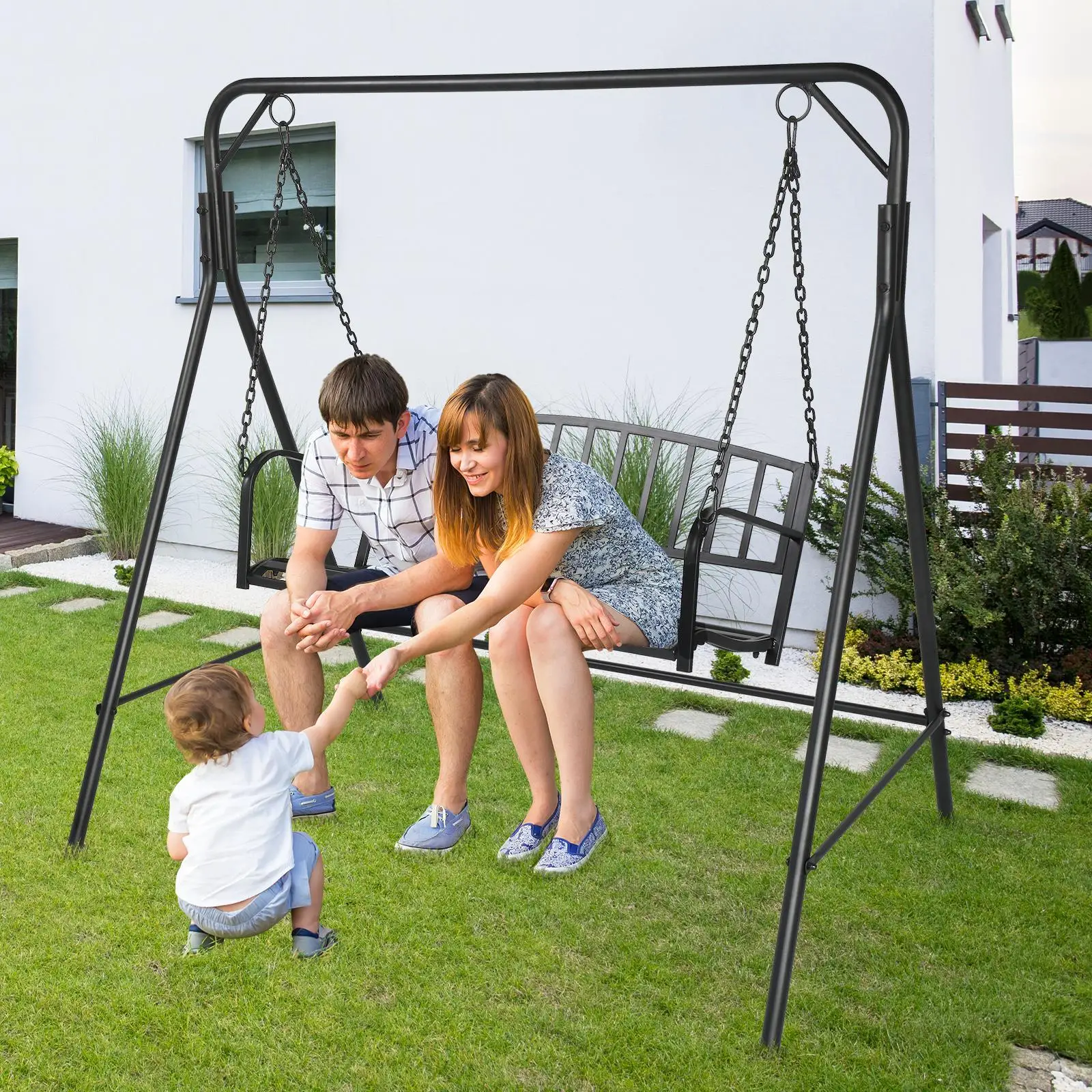 200kg Capacity Iron Art Swing with Vertical Bar Backrest - 118x46x47cm, Black - Chain Included (Frame Not Included)