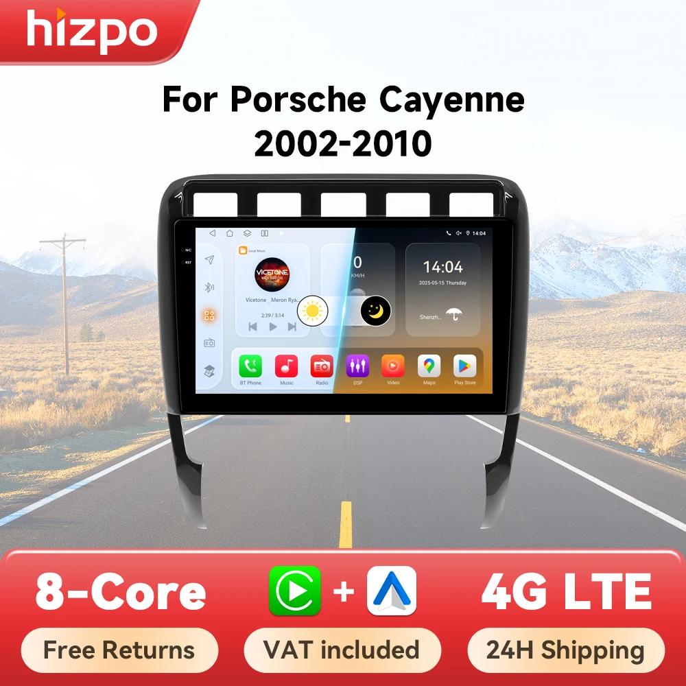 Radio samochodowe Hizpo z Androidem 14 do Porsche Cayenne 1 2002-2010, 4G, multimedialne, GPS, 2DIN, stereo, sterowanie głosowe AI, bezprzewodowy CarPlay, kamera 360°