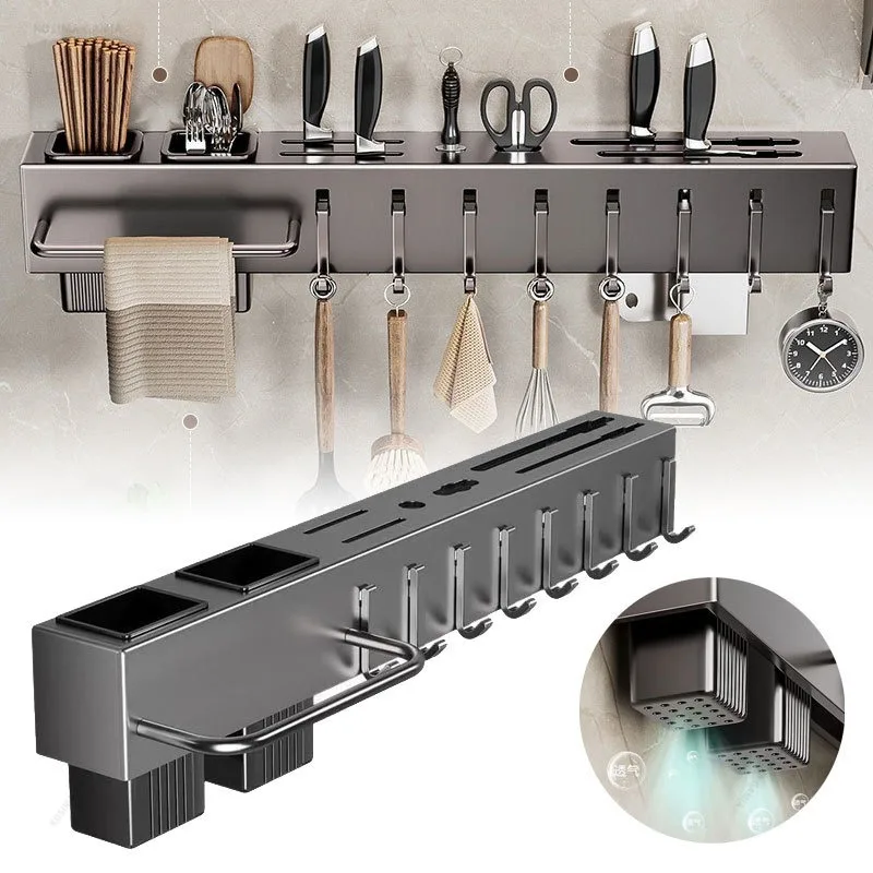 kitchen Organizer Rack Heavy-Duty Carbon Steel Knife Holder No-Drill Wall-Mounted Organizer Rack for Utensils Cutting Boards