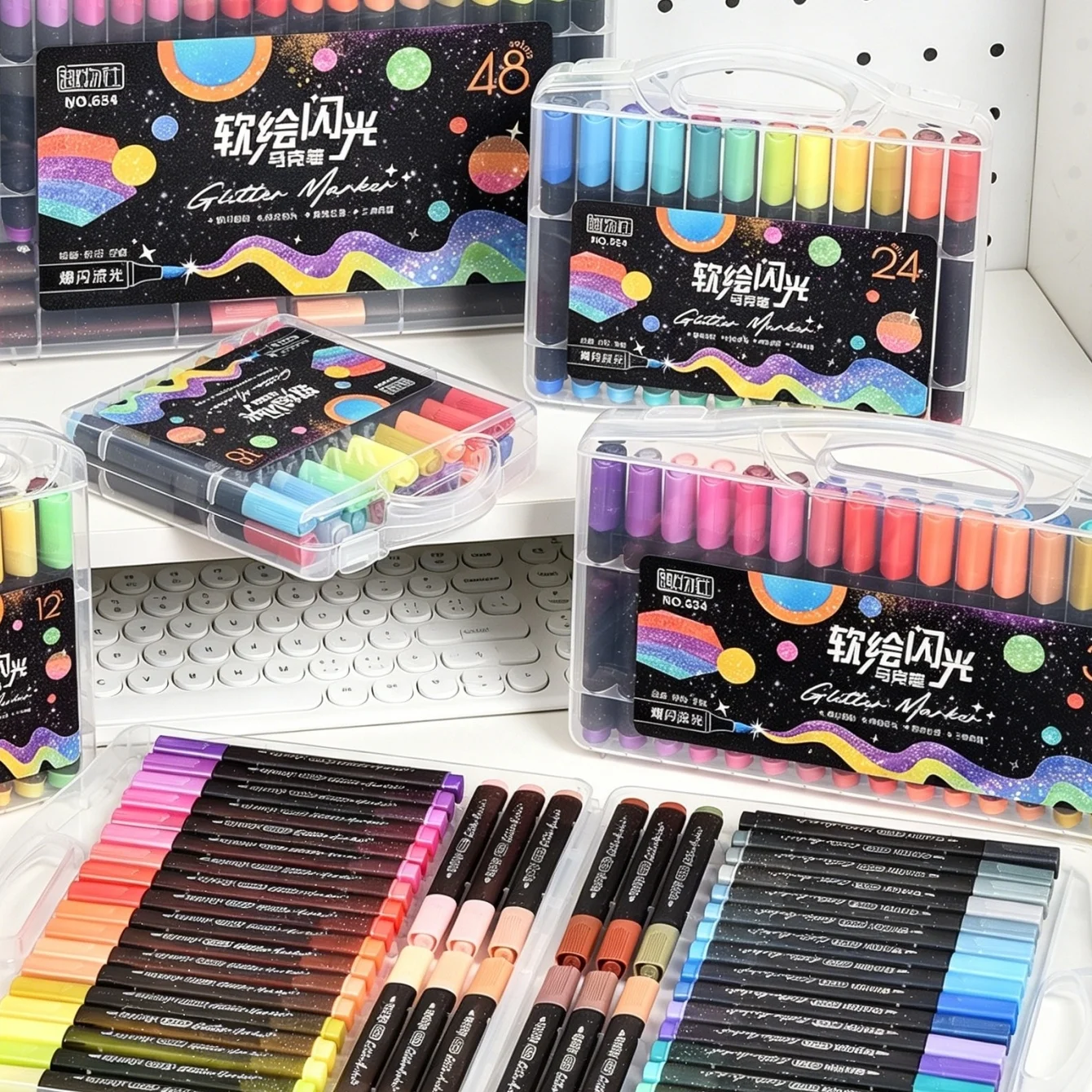 Glitter Marker Pens Set - 12/18/24/36 Colors Soft Tip Sparkle Shimmer for Student Highlighting Drawing Triangular A3418