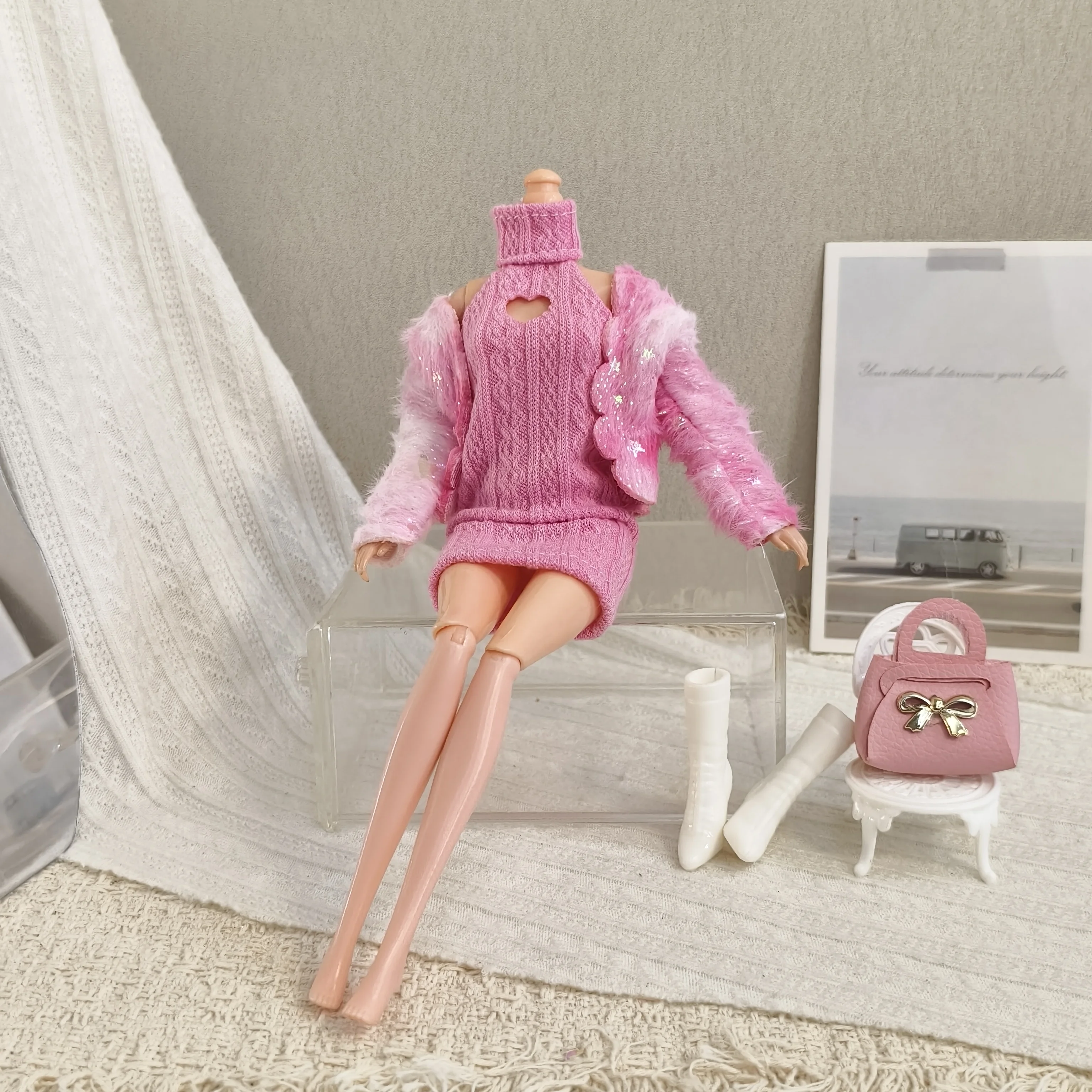Luxe Star Sequin Faux Fur Jacket+Knitted Openwork Heart Slim-Fit Skirt Set For 1/6 FR Babi Xianxian Supermodel Doll Clothes Part