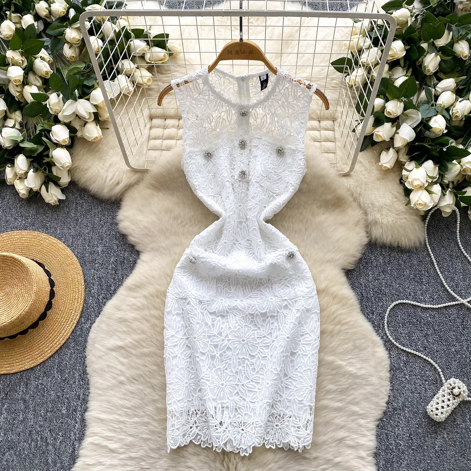 

Sexy button hollow out sleeveless A-line Chic Vintage korean fashion Evening Women Beach dresses women clothing