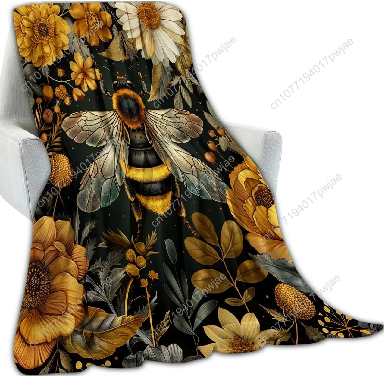 Buzzing Bee Floral Throw Blanket Vintage Flower Bumblebee Blankets for Bedroom Living Room Couch Decor Fuzzy Cozy Soft Lightwe