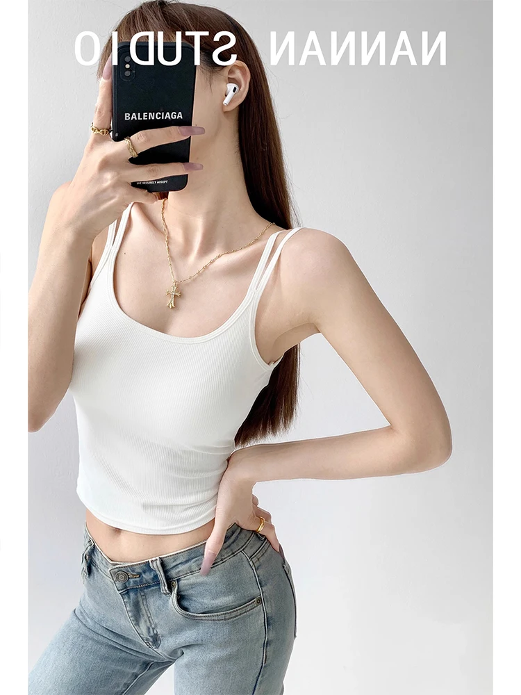 Gray Small Strap Vest Women's Inner Wear Base Shirt with Chest Pad Beautiful Back Underwear Conceals Side Breast Thin Top Out...