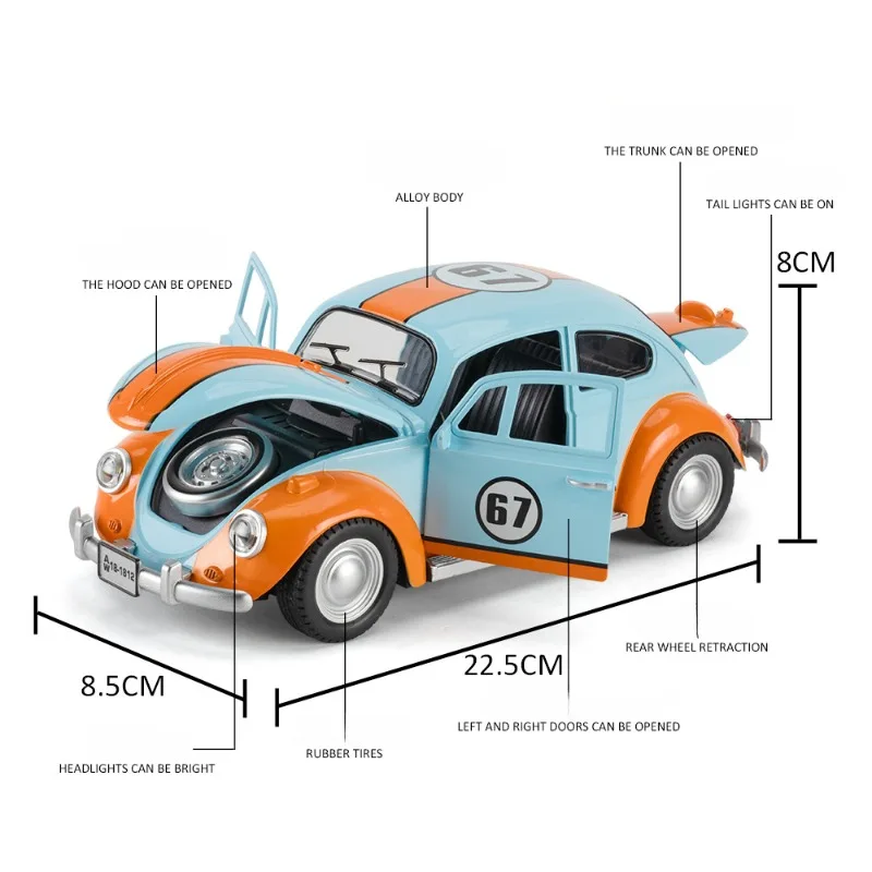 Symulacja 1/18 skala Beetle 1955 Vintage aluminiowy Model samochodu z dźwiękiem i światłem odlewana zabawka kolekcja pojazdów miniaturowy Voiture