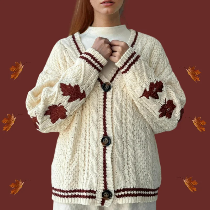 S-3XL Red Maple Leaf Cardigan Women Autumn Leaves Embroidered Oversized Cardigans Warm Soft Plus Size Knitted Sweaters Tops Y2k