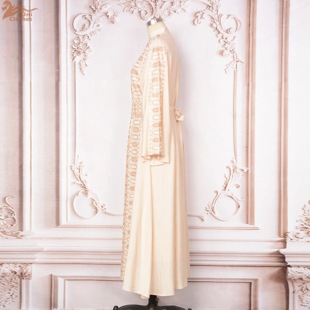 Dubai Embroidery Abaya With Belt For Muslim Woman Notched V-Neck Long Sleeve Elegant Loose Moroccan Saudi Kaftan