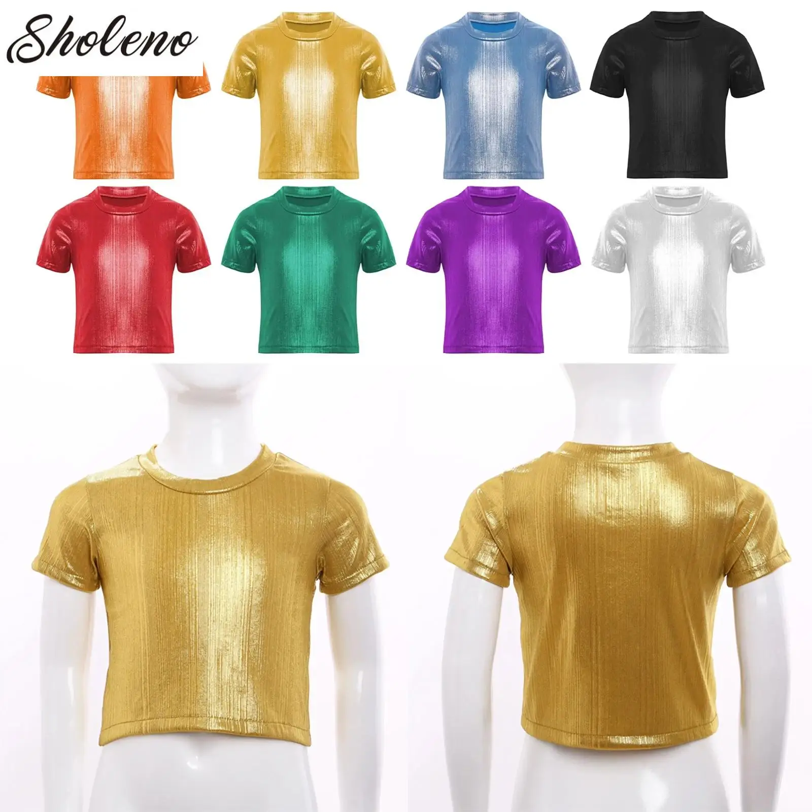 

Girls Boys T Shirt Jazz Dance Tops Kids Metallic Shimmery Short Sleeve Modern Jazz Party Stage Performance Top Street Dancewear