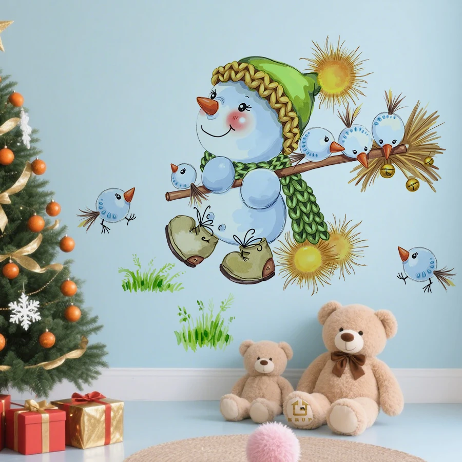 1pc Merry Christmas Snowman Wall Sticker With Broom For Bedroom Living Room Entrance Hall Home Decoration Wall Decal