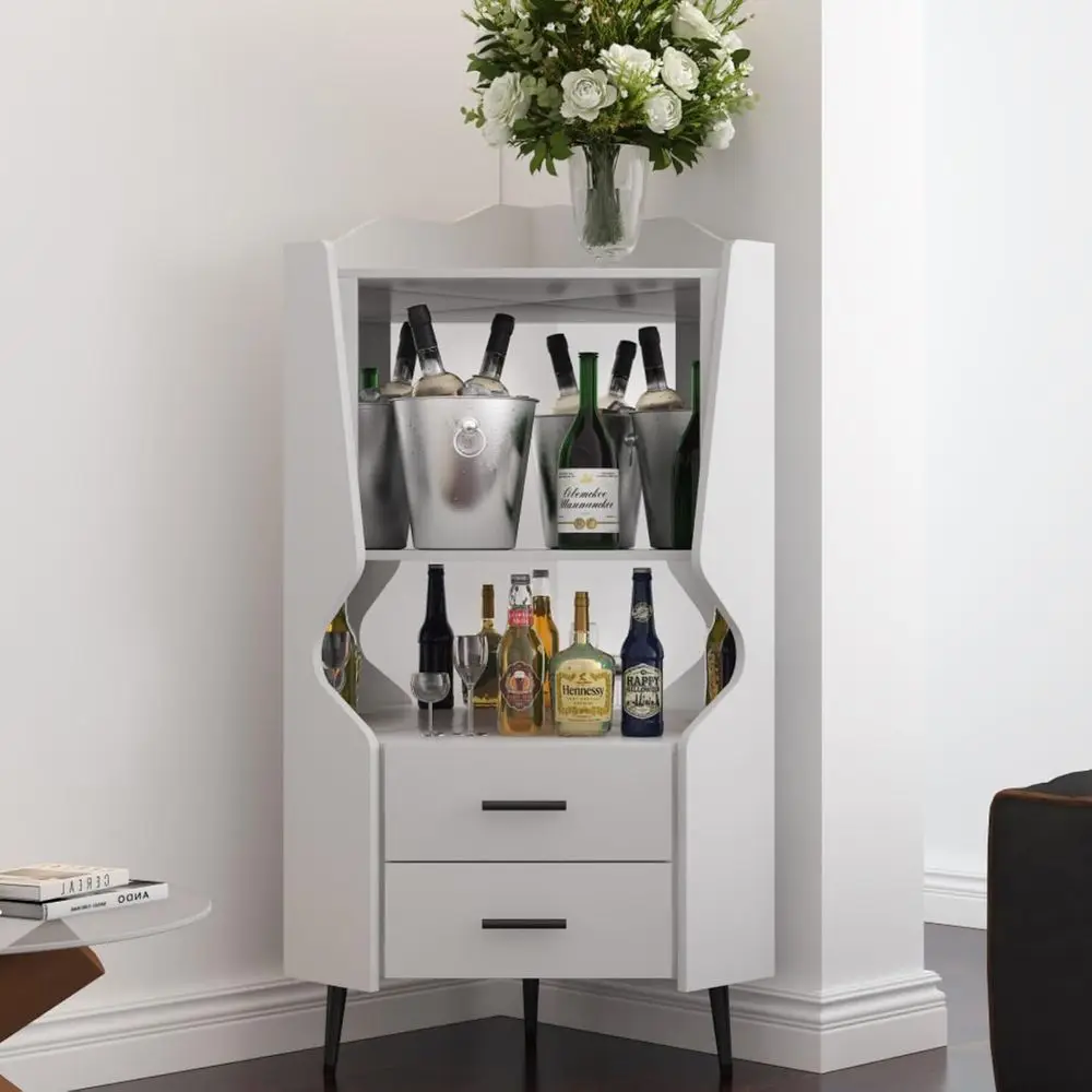 

White Modern Sideboard with 2 Open Shelves and 2 Drawers for Home Bar Storage