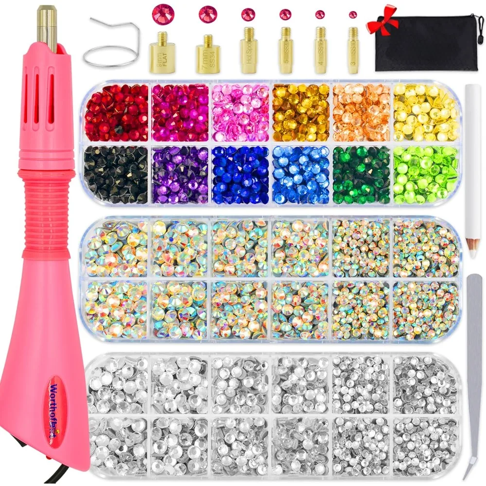 Hot Fix Rhinestone Setter Machine Wand Bedazzler Tool Kit with 5000 Pcs AB Crystal Clear Rhinestones 3 Sizes Gems for Clothes Fabric Crafts