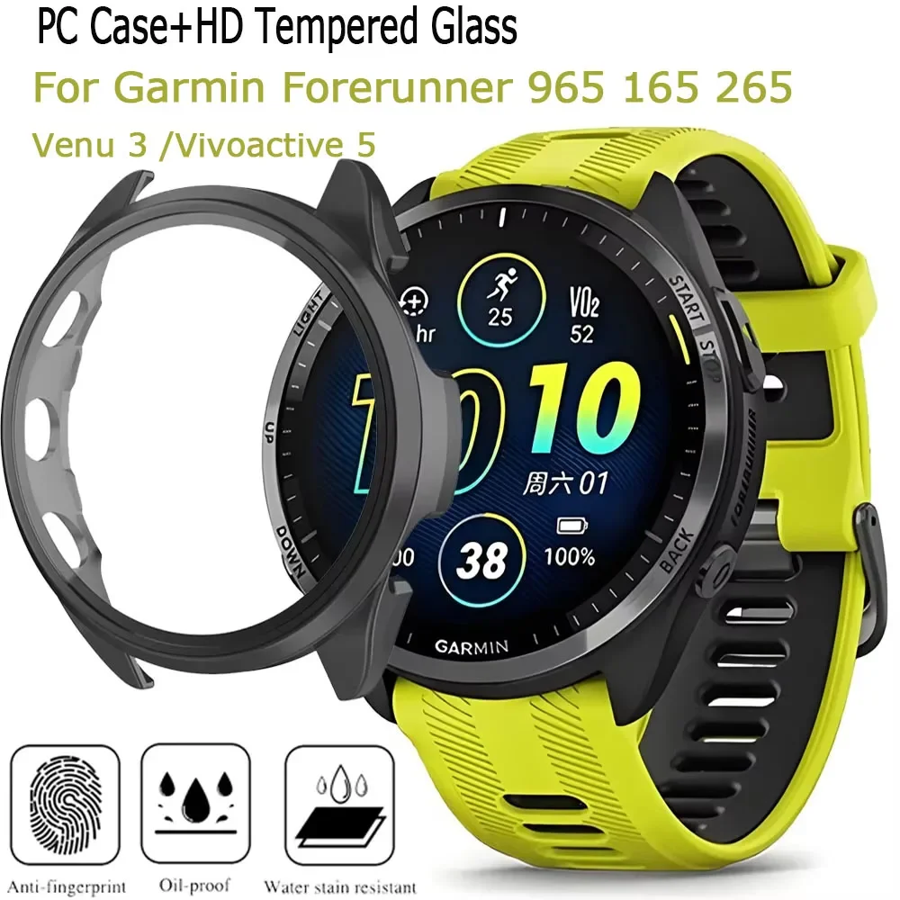 PC-Gehäuse + HD-gehärtetes Glas für Garmin Forerunner 965 165 265, Rundum-Schutzbildschirm, sturzsichere Schale, Venu 3/Vivoactive 5