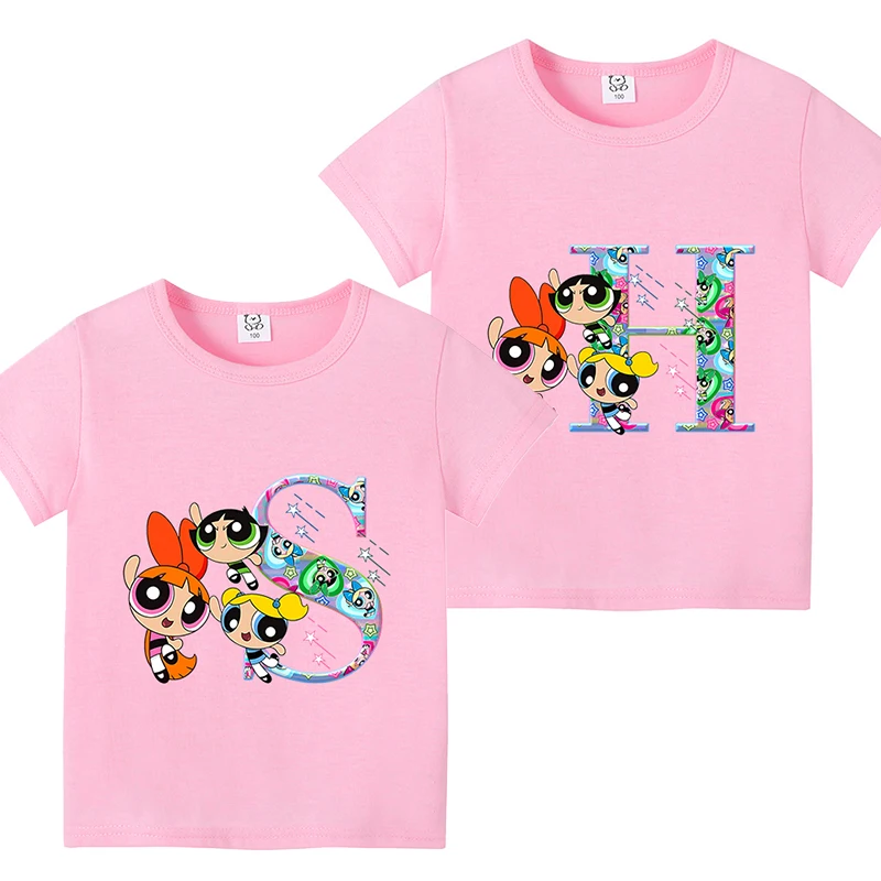 

Powerpuff Girl T Shirt Cute Cartoon Letter A-Z Kids Short Sleeve T-Shirts Summer Cotton Tee Children Casual Tops Toddler Clothes