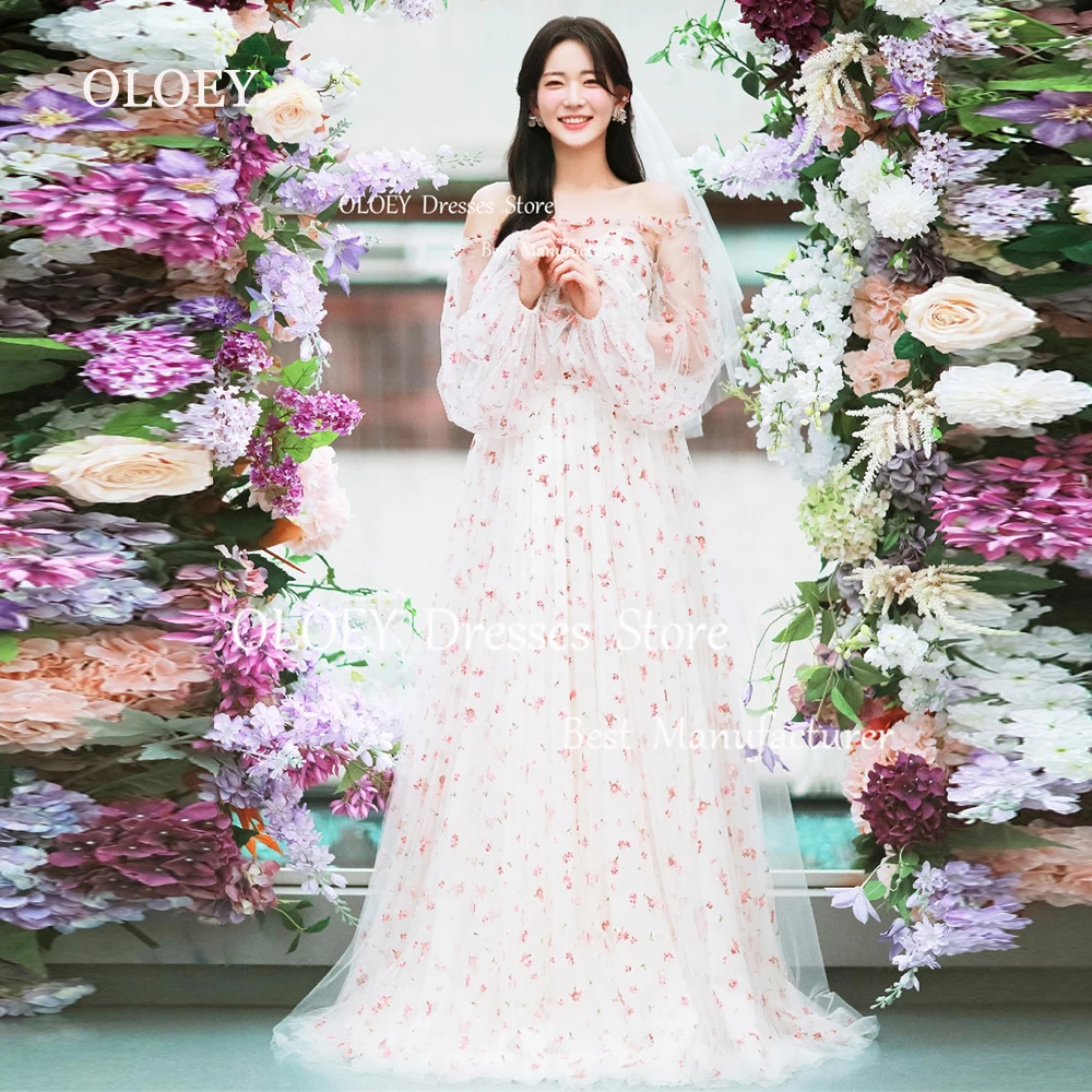 OLOEY Fairy Floral A Line Wedding Dress With Jacket Korea Photoshoot Sweetheart Pleats Tulle Prom Dress Floor Length Custom Made