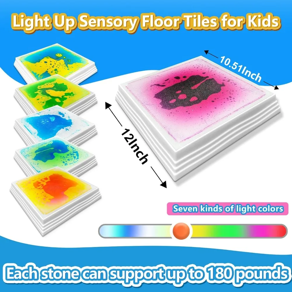 Light Up Sensory Floor Tiles - 12x12 Inch Liquid Play Mat with 7 Colors LED, Non-Slip Puzzle Mat for Home, Classroom, Autism Toys for Toddlers Ages 3-7 (Pack of 6) view 2