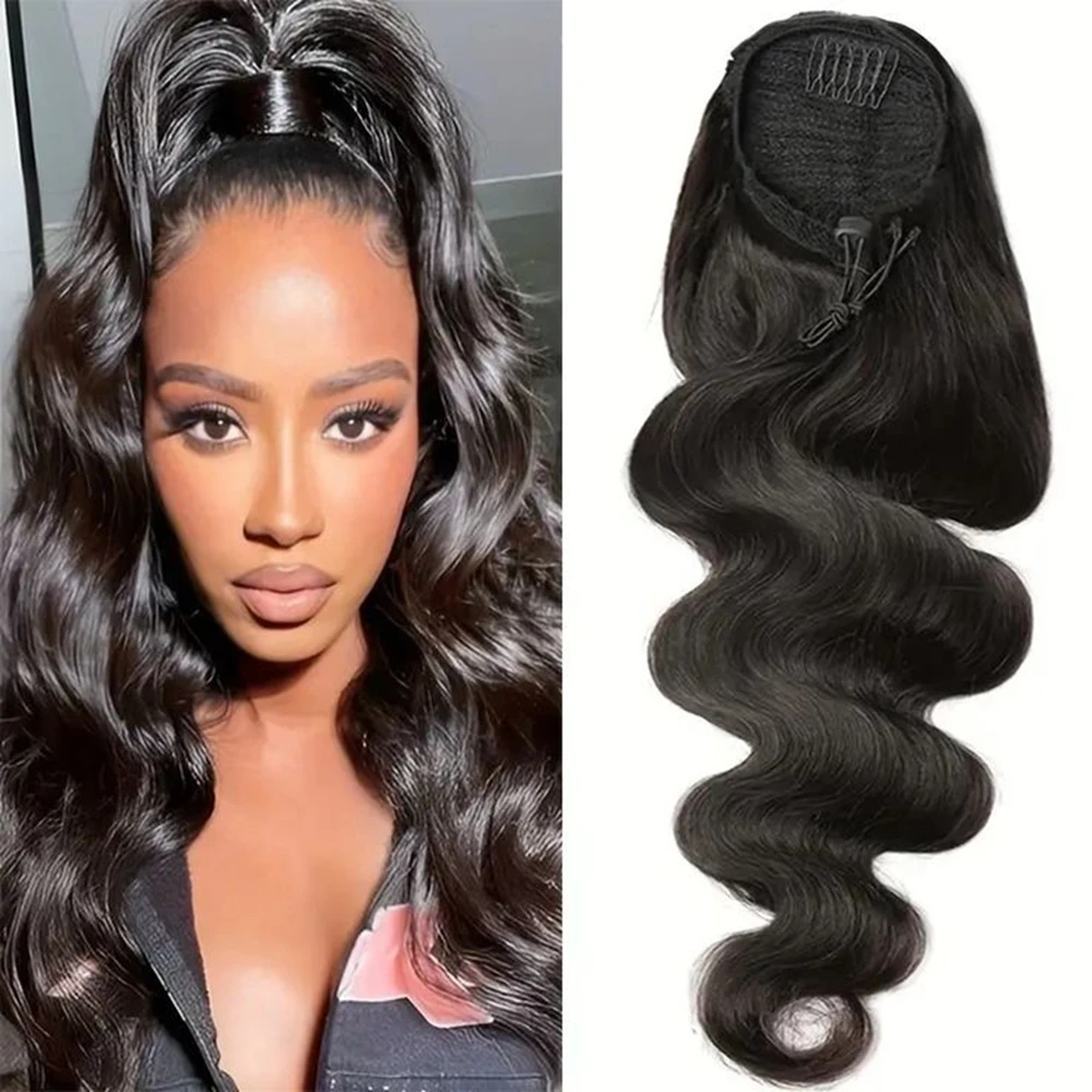 Human Hair Extensions Deep Water Wave Drawstring Ponytail Kinky Curly Brazilian Natural Black With Clip Ins Ponytail