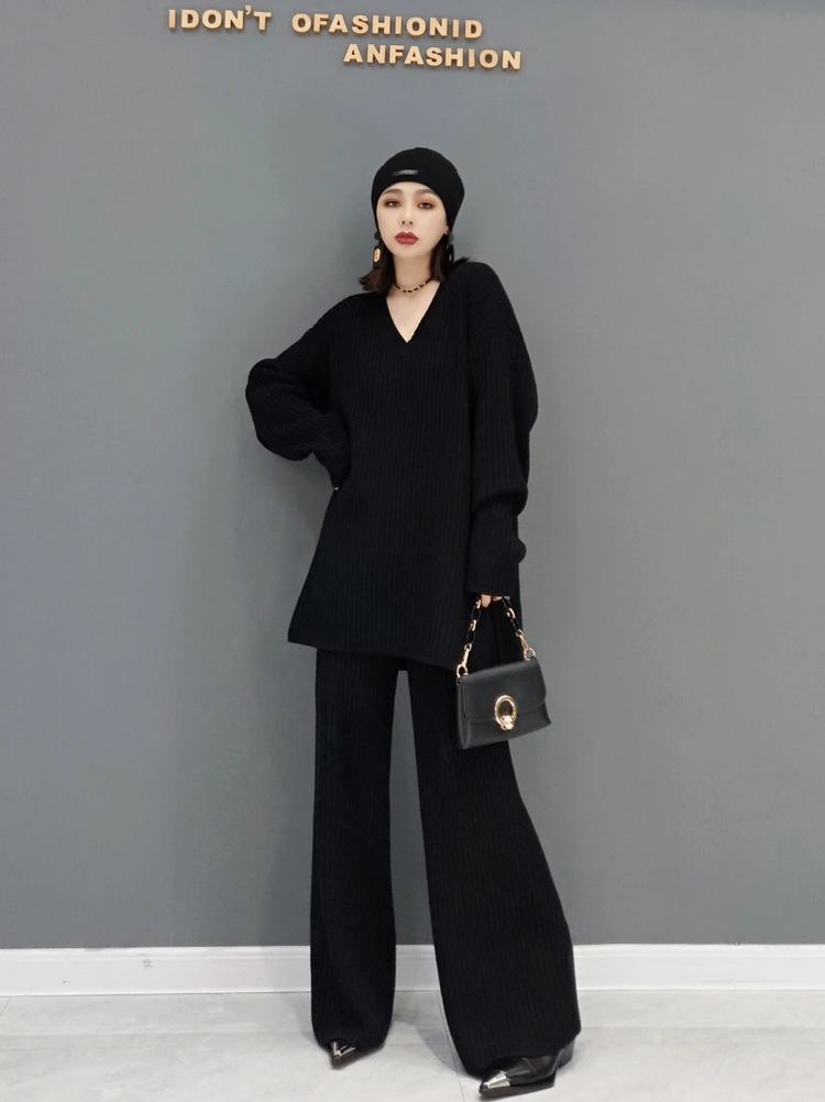 New spring 2023 ladies knitting v-neck long-sleeved sweater wide-legged pants 2 suit keep warm and comfortable big yards women