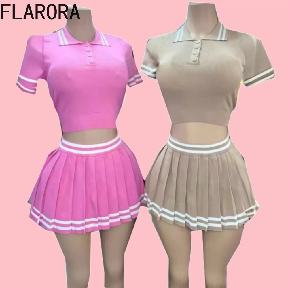 FLARORA Fashion College Style Stripe Splicing Pleated Mini Skirts Two Piece Sets Y2k Woman Polo-collar Tops And Skirts Outfits