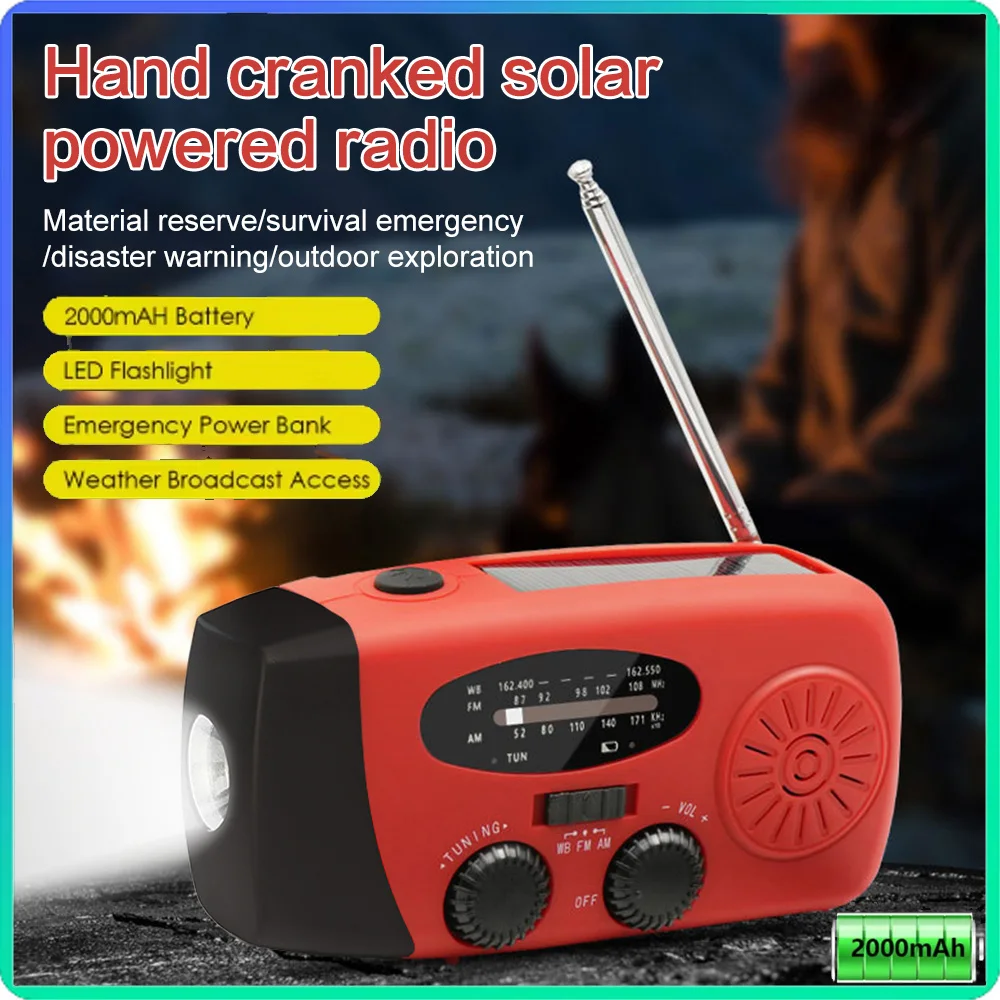 2000mAh Emergency Hand Crank Radio with LED Flashlight Radio SOS LED Emergency Radio Solar Hand Crank Powered Wind Up Phone