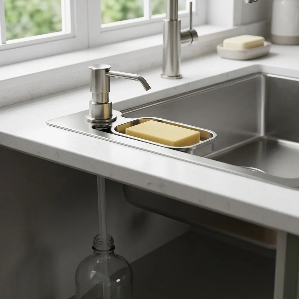 Refillable Soap Dispenser with Brushed Nickel Finish Stainless Steel Components and 24.5cm Installation Height