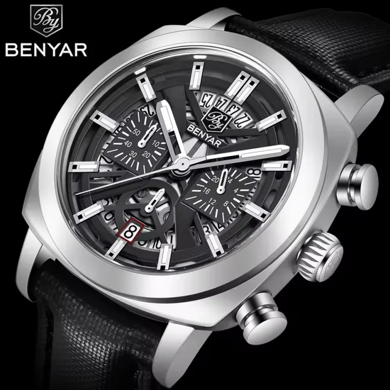 BENYAR 5205 Men's Sports Leather Quartz Movement Design Watch Water Resistant Anti-Reflective Chronograph Relógios Masculino