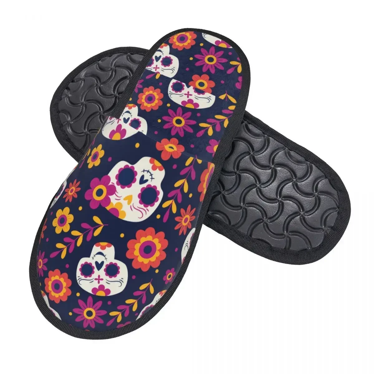 Zapatillas planas antideslizantes para hombres y mujeres, zapatos cálidos suaves de piel para interiores, calavera y flores, Día de los muertos, Invierno