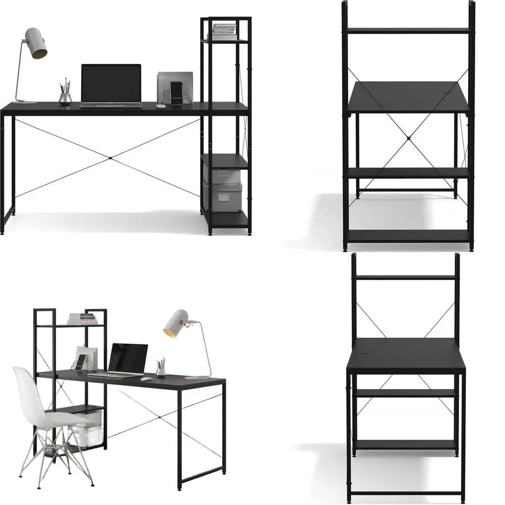 55 مكتب ألعاب مزدوج الجوانب مع أرفف قابلة للتعديل، وإدارة الكابلات، وسهل التجميع للمكتب المنزلي، أسود #1