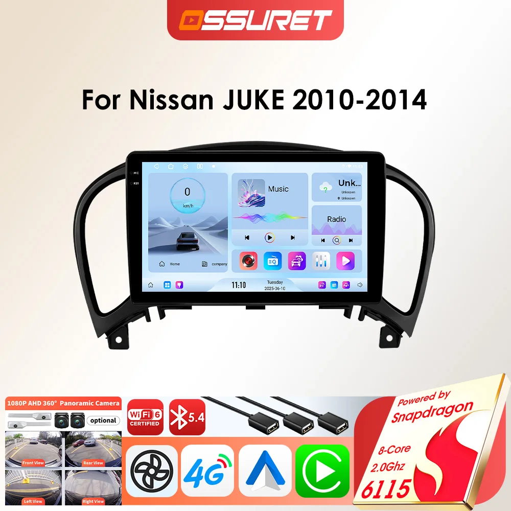 Autoradio Android OSSURET per Nissan Juke F15 2010-2014, Lettore Multimediale per Auto 8-Core 6115, GPS Intelligente, Schermo Autoradio con Telecamera 360°