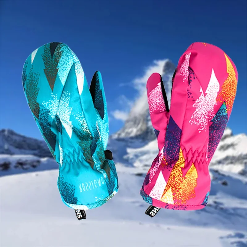 2025 New Winter Print Windproof Waterproof Skiing Gloves Snow Sport Outdoor Children Girl Ski Gloves Polyester Warm Boys Glove