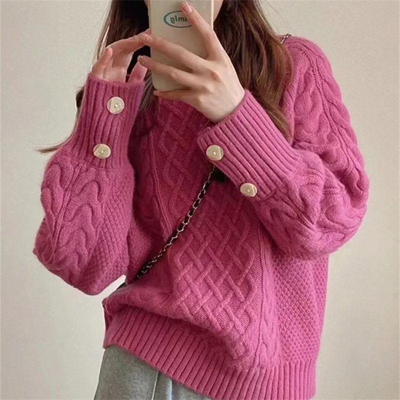 Thick Twisted Sweater Women 2024 Autumn Long Sleeve O-neck Female Knitted Pullover Solid Casual Loose Lady Kintwear Tops