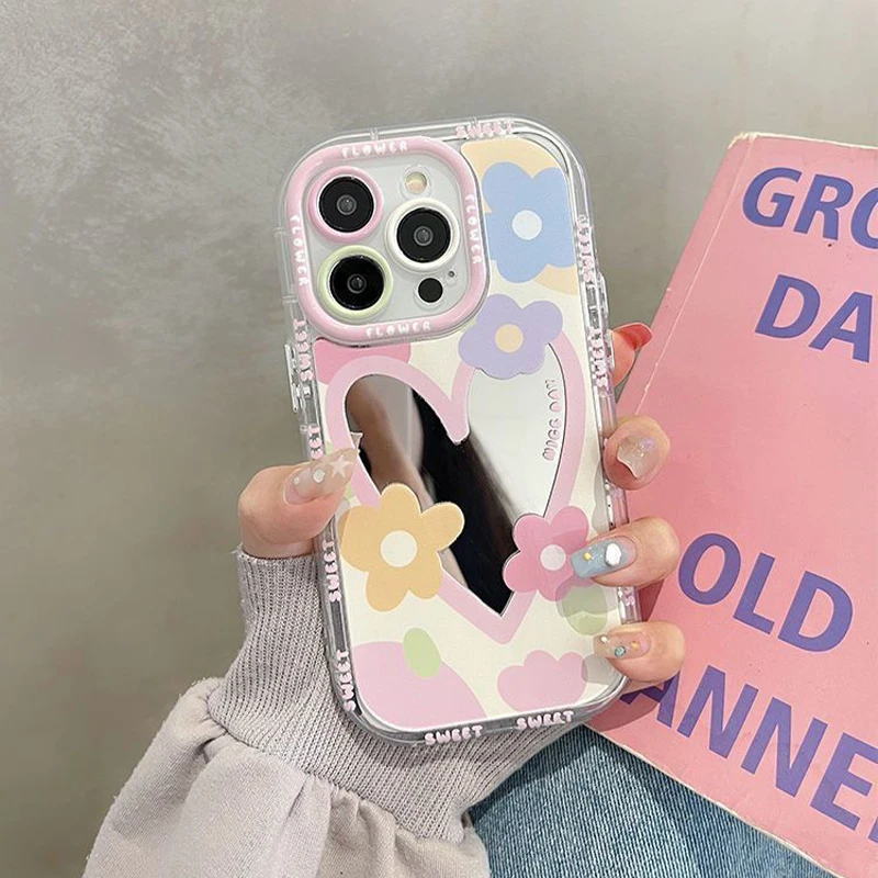 Warm Colors Cute Flower Phone Case For iPhone 16 15 14 13 12 11ProMax XS XR Max 78Plus Y2K Tidal Current Mirror Face Phone Cover