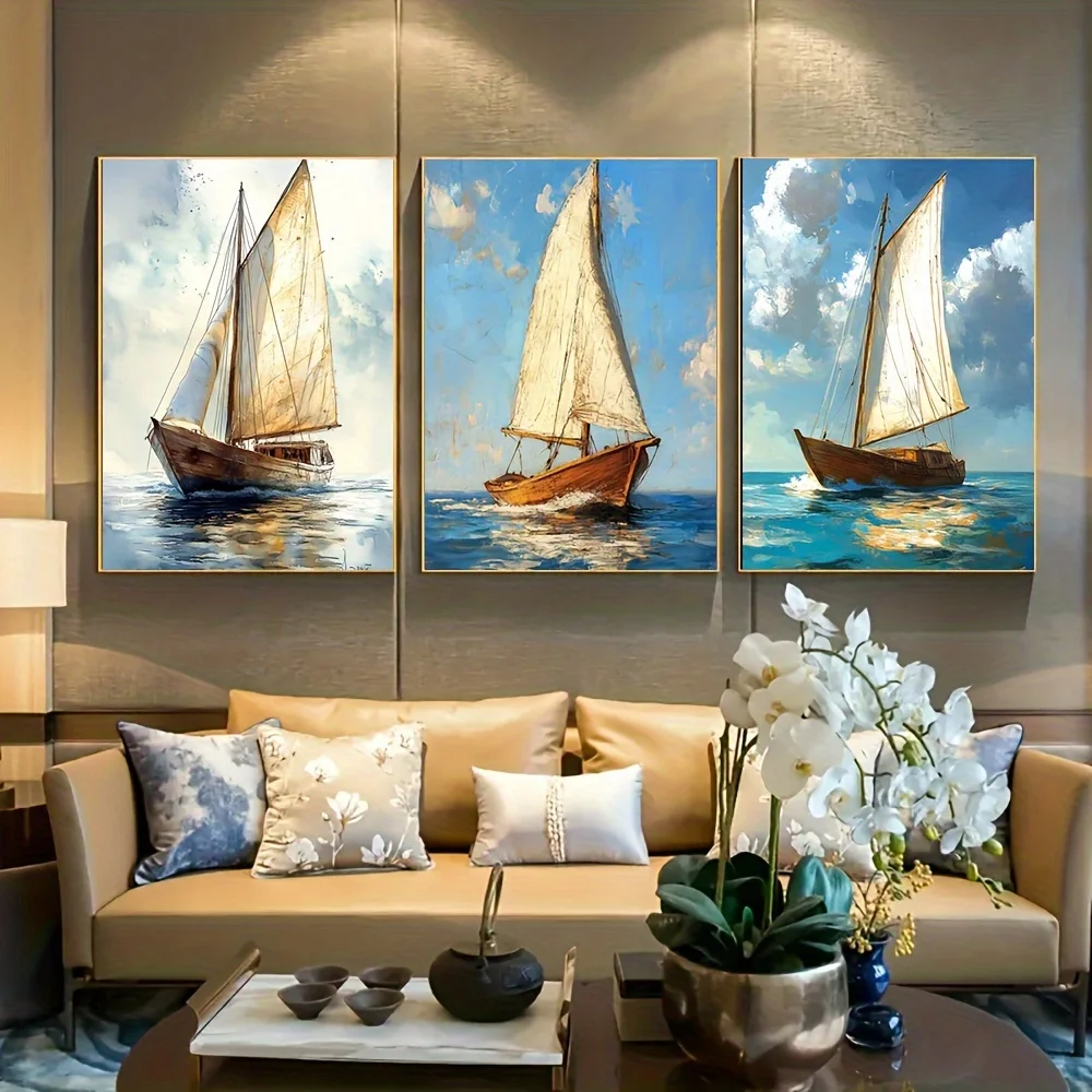 （NoFrame 3PCS）-3pcs Sailboat Seascape Canvas Art Set - Frameless, High-Definition Prints for Home & Office Decor - Perfect Gi