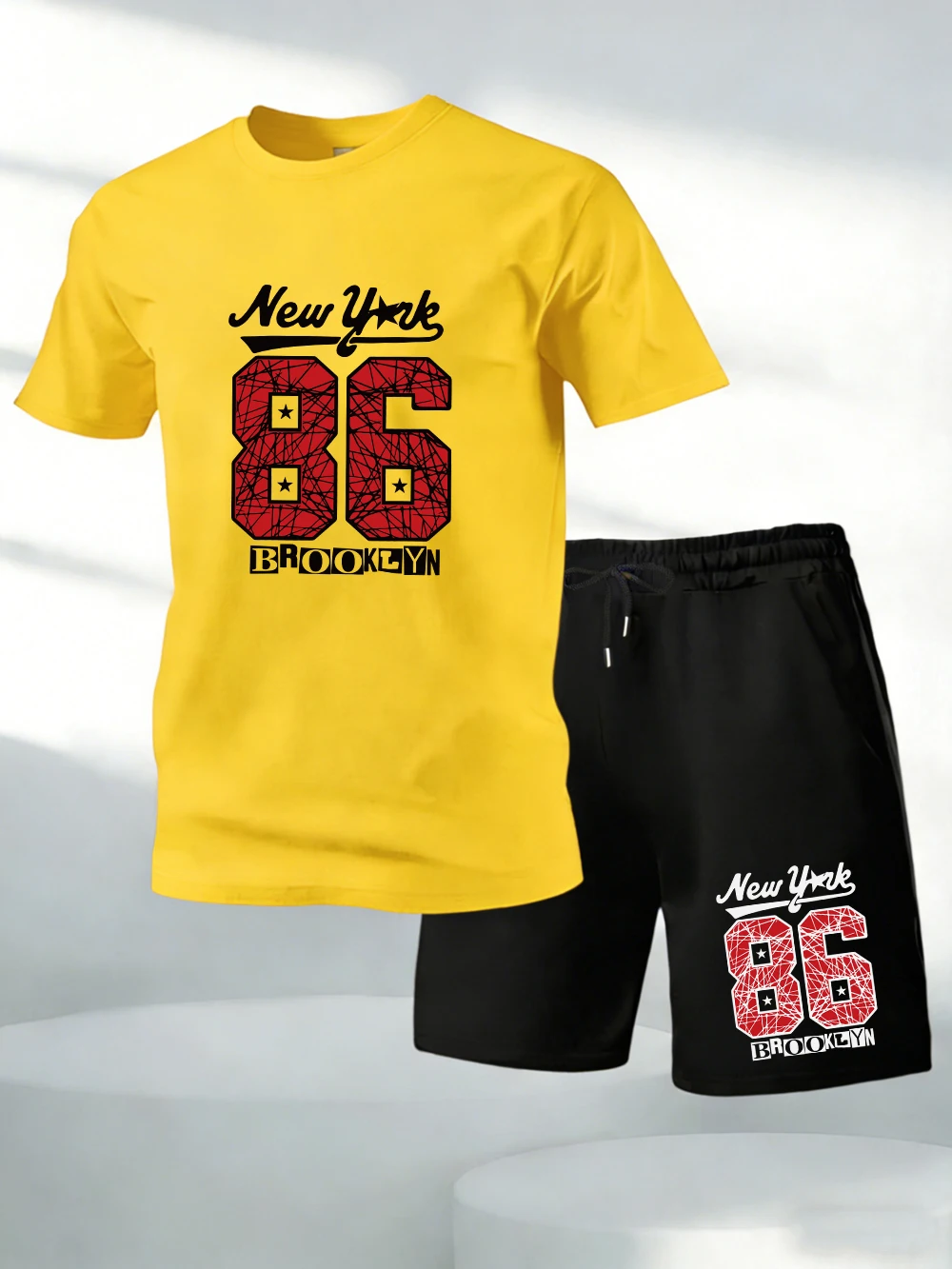 

Two Pieces Set New York Brooklyn 86 Printing Cotton T-Shirts Pants Mens O-Neck Oversized Soft Tops High Waisted Pocket Shorts
