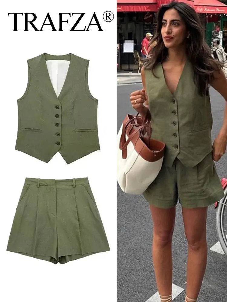 

TRAFZA Pant Suit For Women 2023 Summer Fashion Solid Single Breasted Vest Top + Slim Shorts Set Female Casual Vintage Streetwear