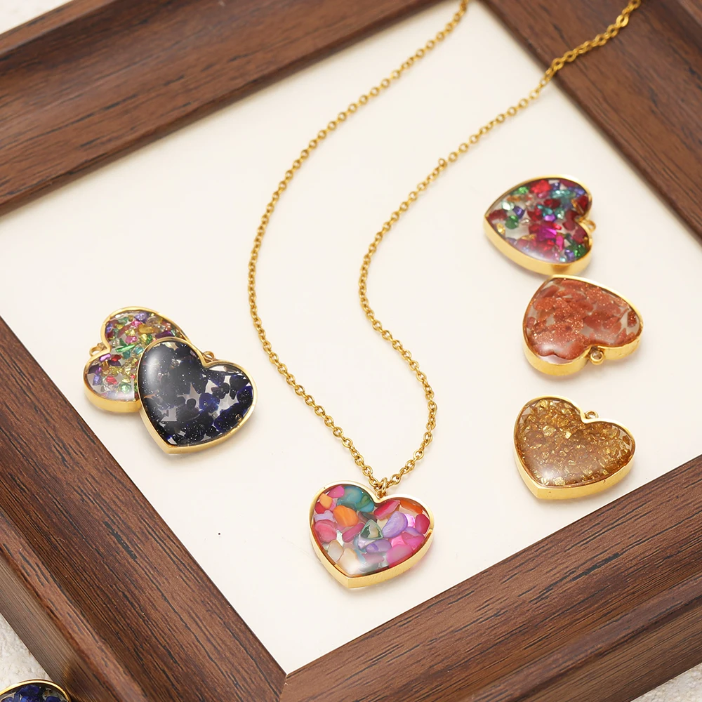 4 قطع الفولاذ المقاوم للصدأ القلب الأحجار الكريمة سحر المعلقات الراتنج شفافة السائبة DIY بها بنفسك صنع المجوهرات قلادة سوار الديكور