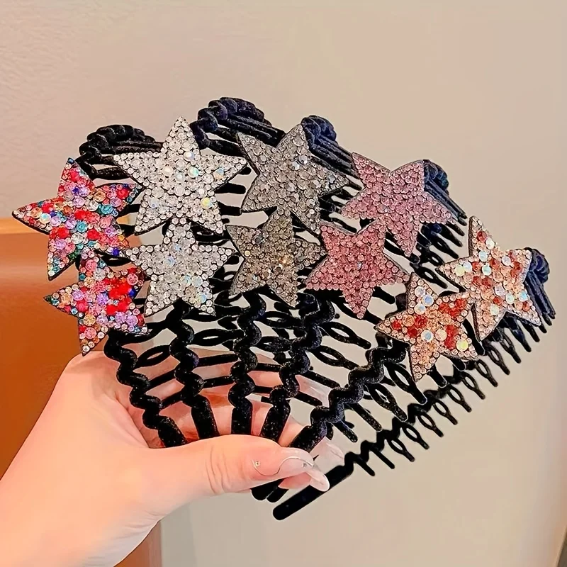 

Rhinestone Star Flocking Headband Women's Retro Bangs Arrangement Artifact with Hair Teeth Non-slip Headband Hair Accessories