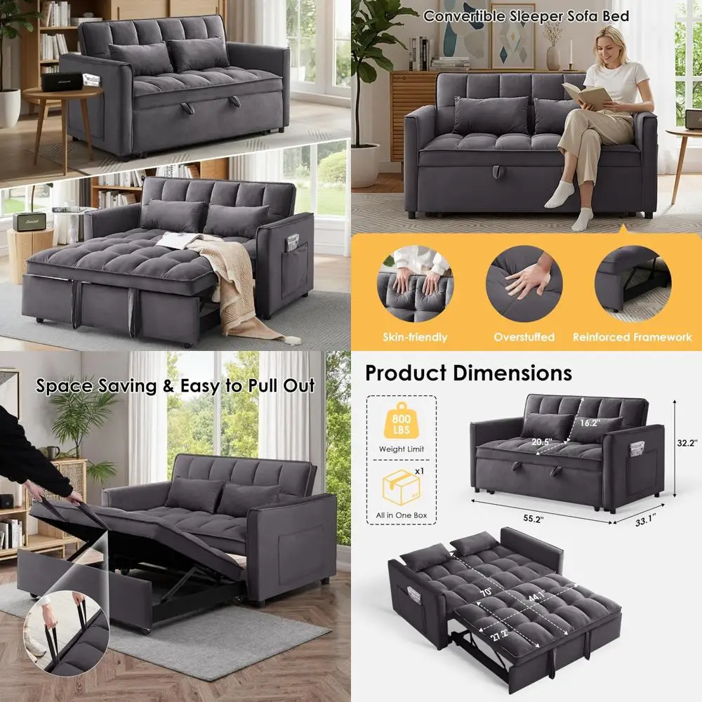 

Convertible Sleeper Sofa Bed, 3-in-1 Living Room Couch with Pull Out Bed and Side Pockets, Adjustable Loveseat Sleeper for Guest