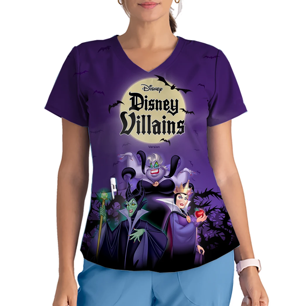 Disney Maleficent Slim Nurse Uniform Printed Matte Top V-Neck Female Veterinary Nurse Uniform Pet Grooming Veterinary Overalls