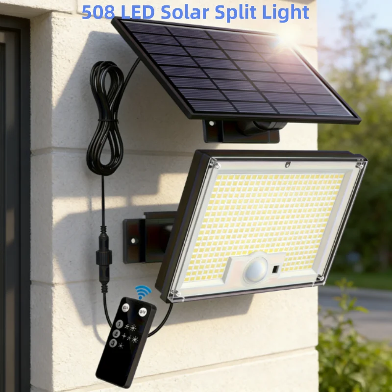 

Солнечный уличный светильник 508 LED: яркий белый свет, водонепроницаемость IP65, с датчиком движения, пультом ДУ, 3 режима, прожектор 2-в-1