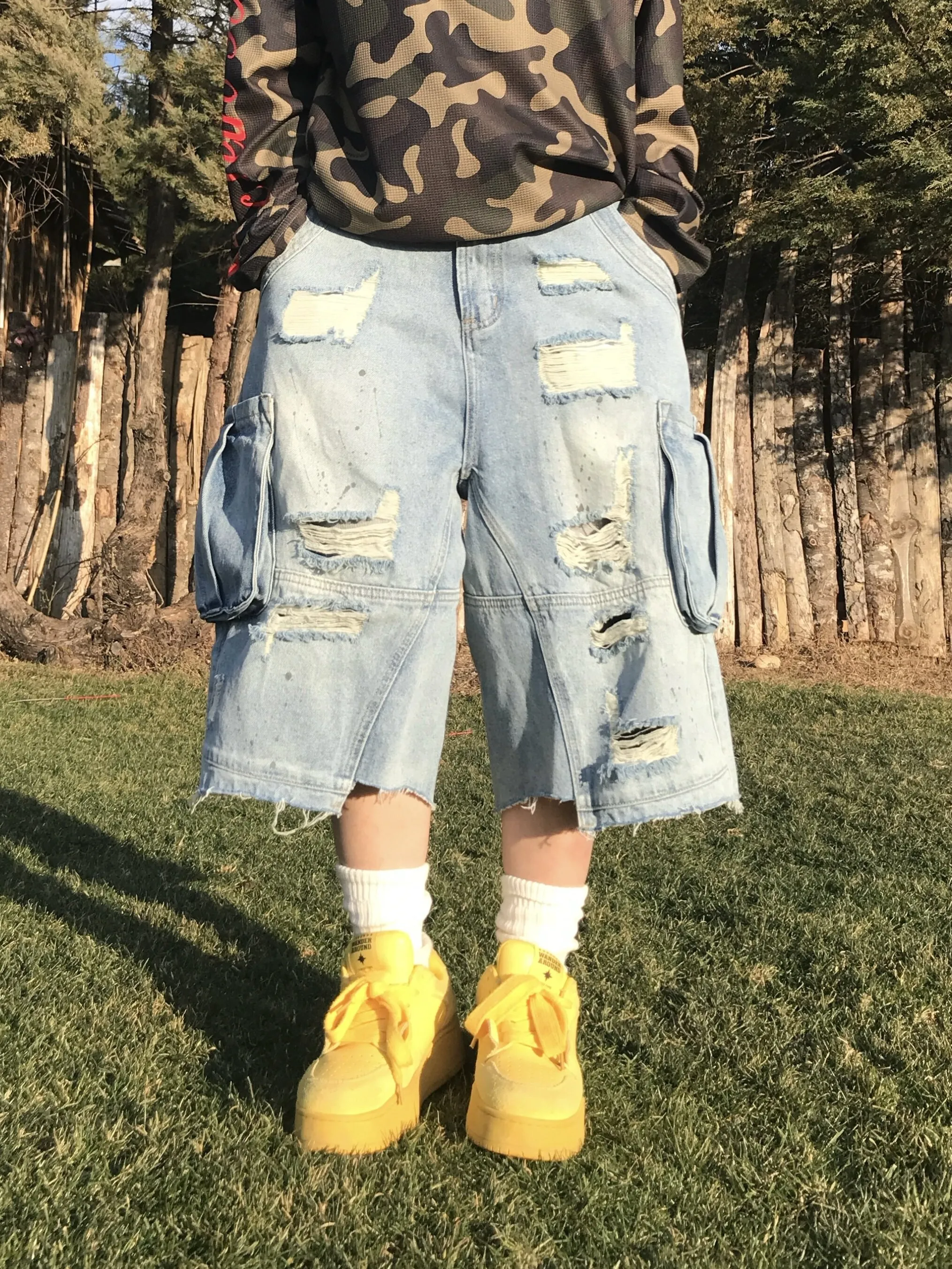 

Retro American Street Sle Distred Denim Wide Leg Pants Loose Straight Cut Men's Jeans Casual Summer Trousers
