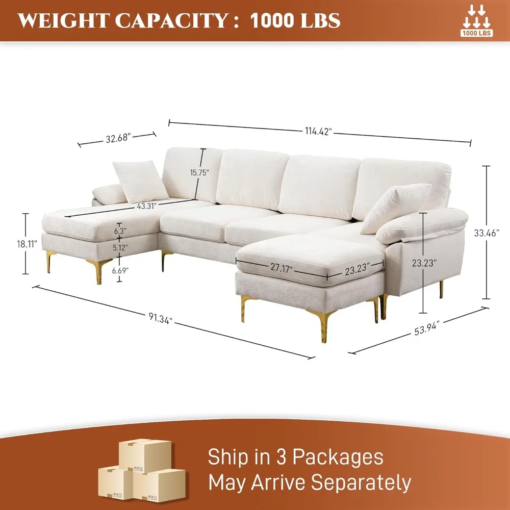 U-Shaped Sectional Sofa Couch, 4 Seat Sofa Set for Living Room, Convertible L-Shaped Velvet Couch Set with Chaise Lounge